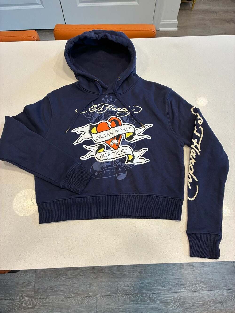 Y2K Ed Hardy Cropped Hoodie Size S Navy Blue Broken Hearts